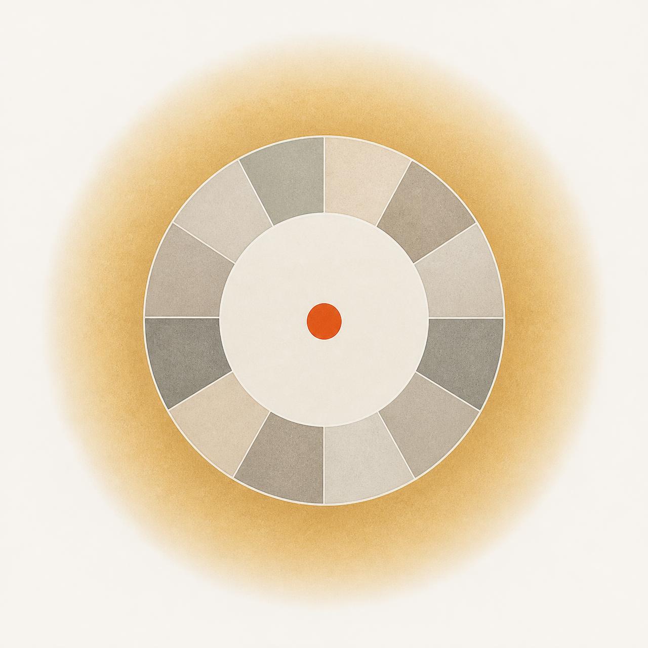 Abstraktes Visual: Sonnenring mit weichem Lichtverlauf, klaren Zeitsegmenten und Farbpunkt im Zentrum